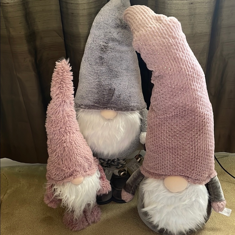 Set of Three Pink and Gray Gnome Plushies